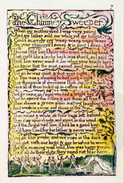 „The Chimney Sweeper”, płyta 7 (Bentley 12) z „Pieśni o niewinności i doświadczeniu” (Bentley Copy L) 1789-94 (wypukła akwaforta za pomocą pióra i toalety) autorstwa William Blake